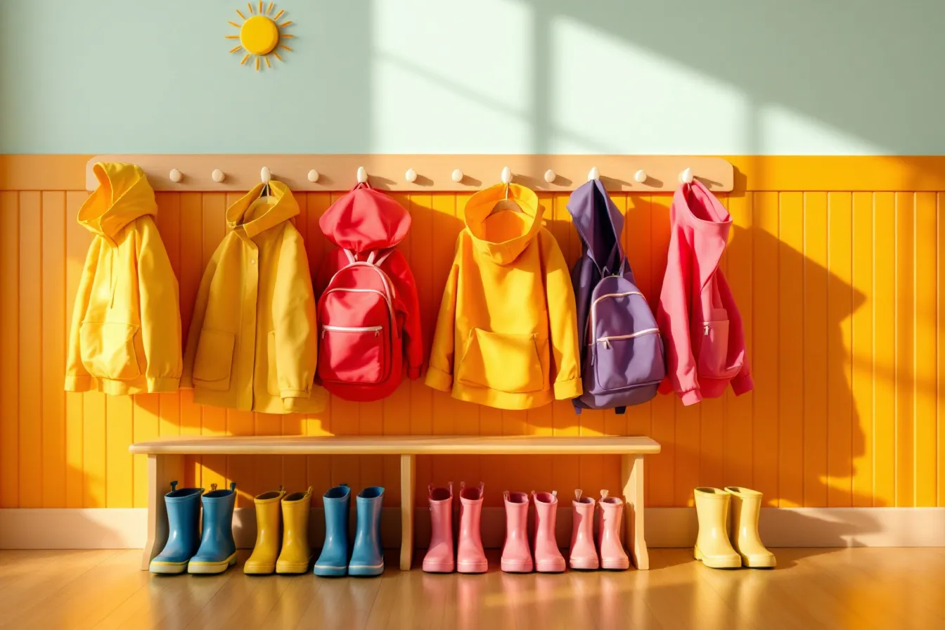 Garderobe der Kita Sonnenwinkel mit bunten Jacken, kleinen Gummistiefeln und Sonnensymbolen