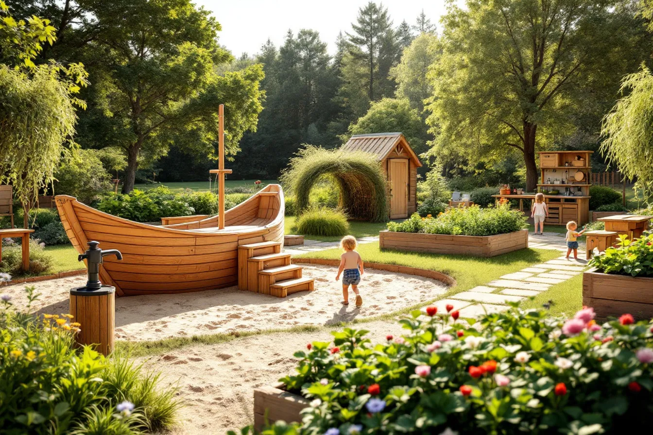Naturnaher Garten der Kita Sonnenwinkel mit Spielschiff, Matschküche und Blumenwiese