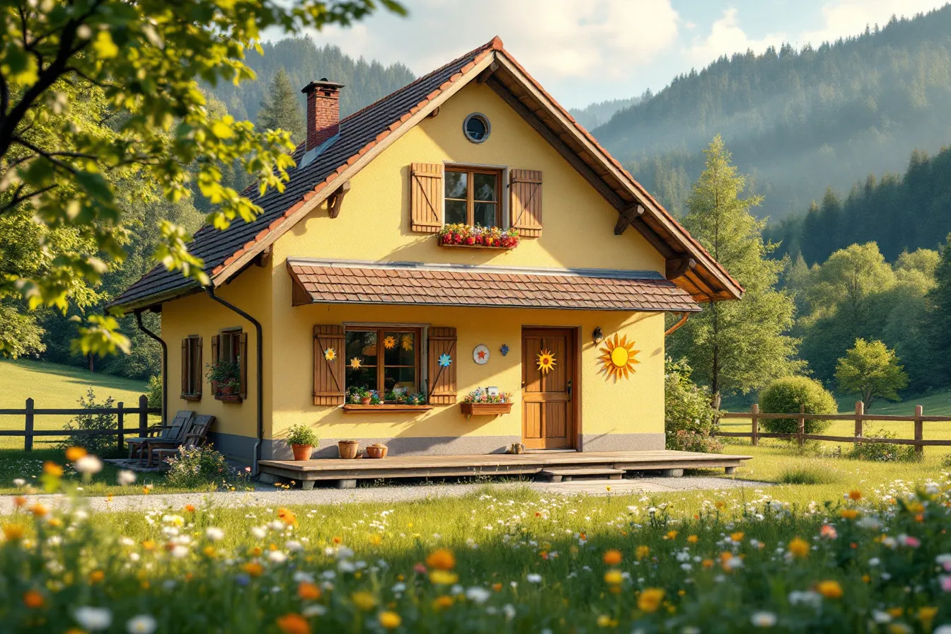 Das sonnengelbe Gebäude der Kita Sonnenwinkel mit Blumenwiese und Holzveranda