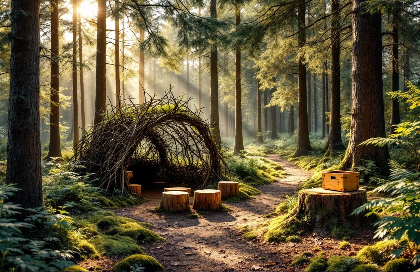 Waldweg mit Sitzkreis aus Baumstümpfen und selbst gebauter Asthütte